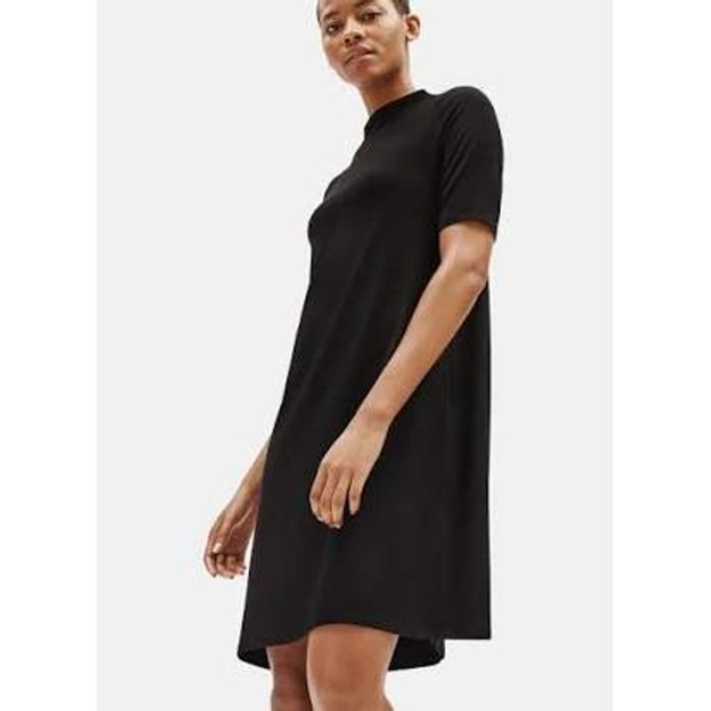 Eileen Fisher Black Tencel Lyocell Stretch Mock Neck Short Sleeve Shift Dress MP